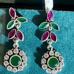 925 Sterling Silver Earrings with genuine Emerald, Ruby and high quality CZ.